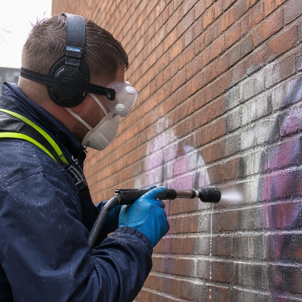 Graffiti removal expert applying cleaning solution on brick