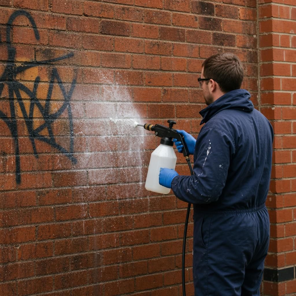 Professional graffiti removal team assessing brickwork