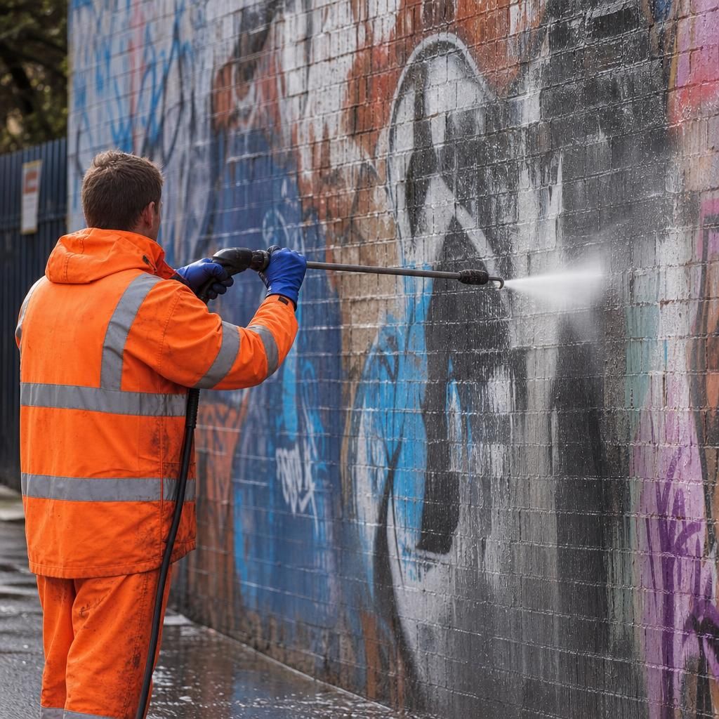 High-pressure washing of graffiti on a brick wall