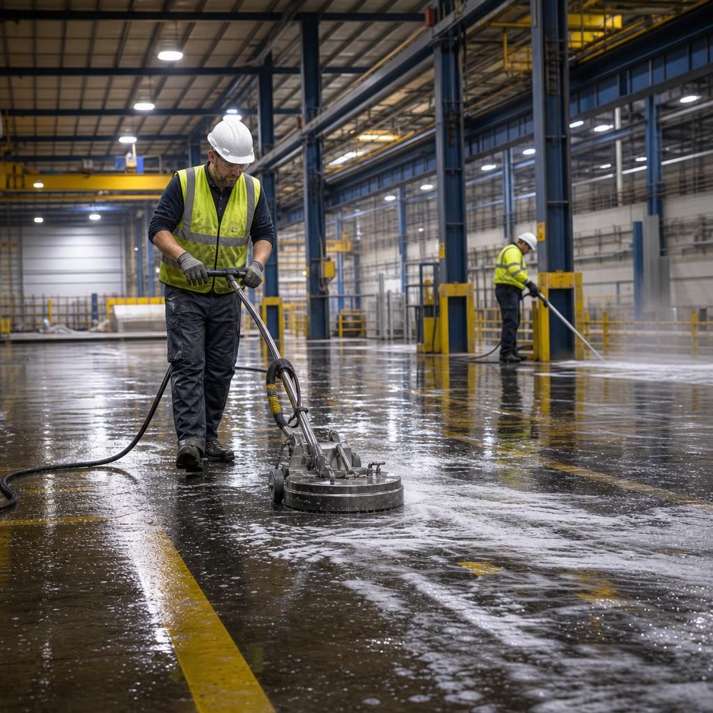 Technicians using modern equipment to clean factory floors