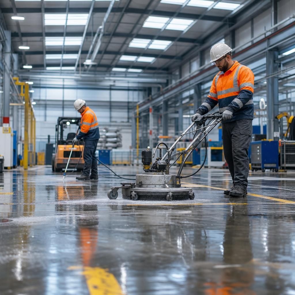 Technicians cleaning warehouse cladding with pressure washers