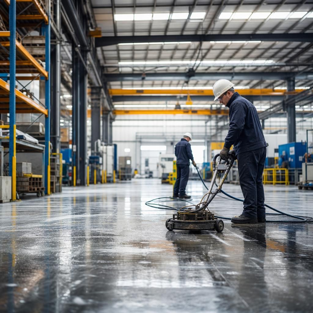 A technician removing dust and debris from machinery