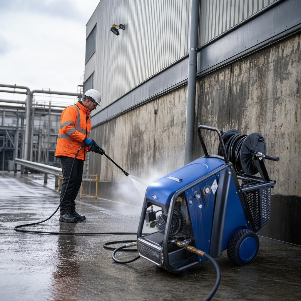 Industrial pressure washer in action