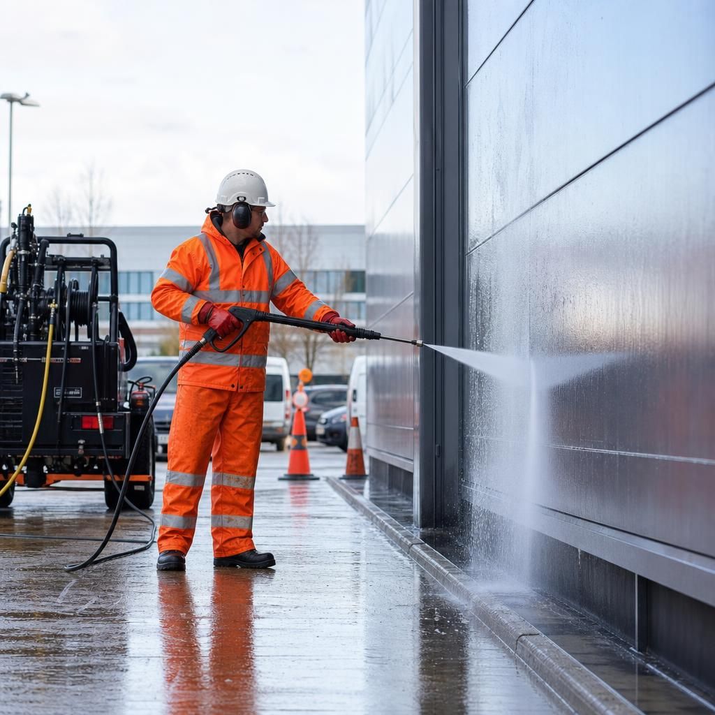 Cladding being cleaned with water jets