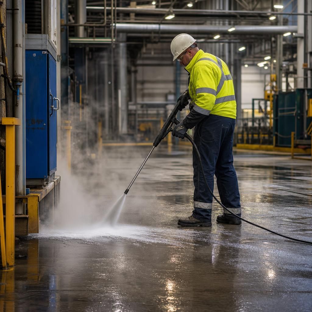 Technician using pressure washing equipment