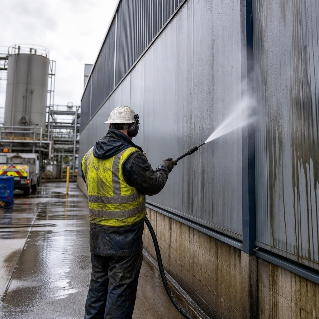 Cleaning team working on large building cladding