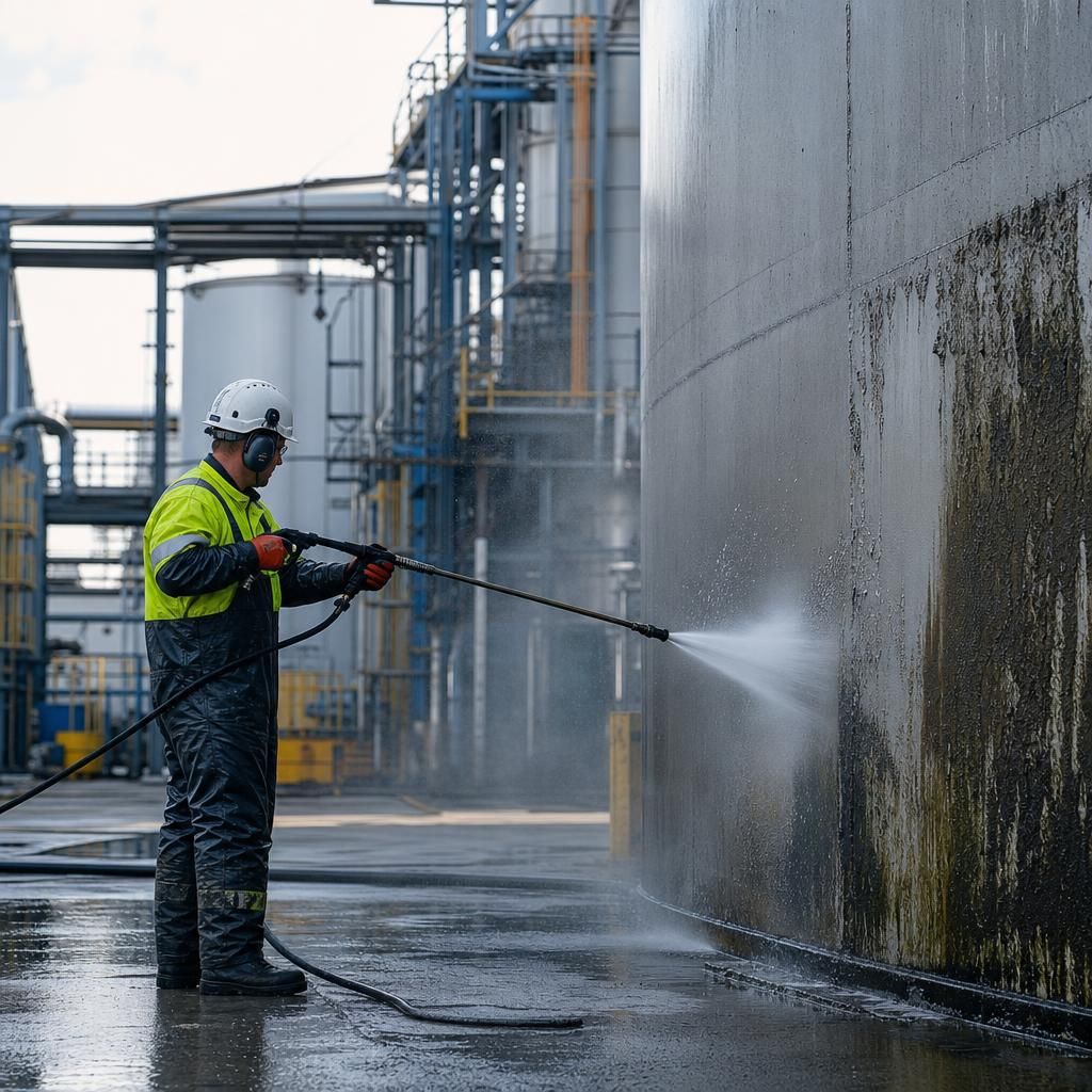 A technician cleaning the façade of a building
