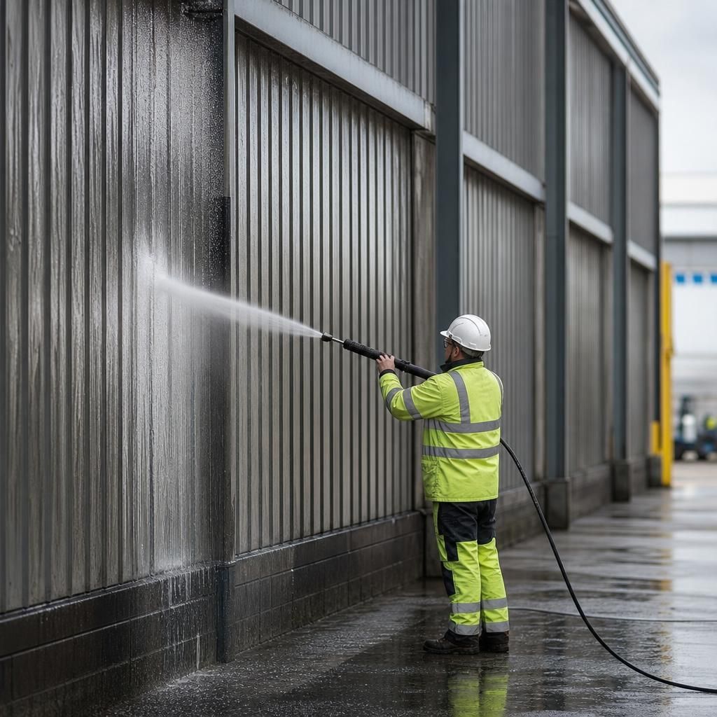 Worker removing graffiti from a wall