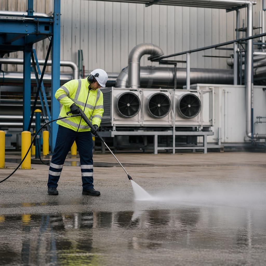 High-pressure cleaning of industrial facility