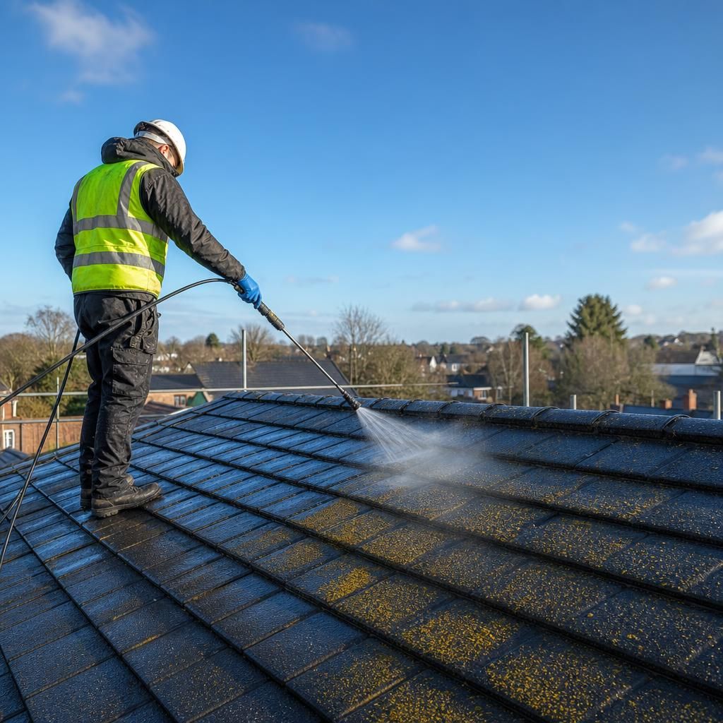 Technician applying biocide treatment to a roof