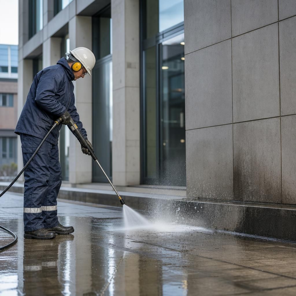 Expert using pressure washer on concrete surface