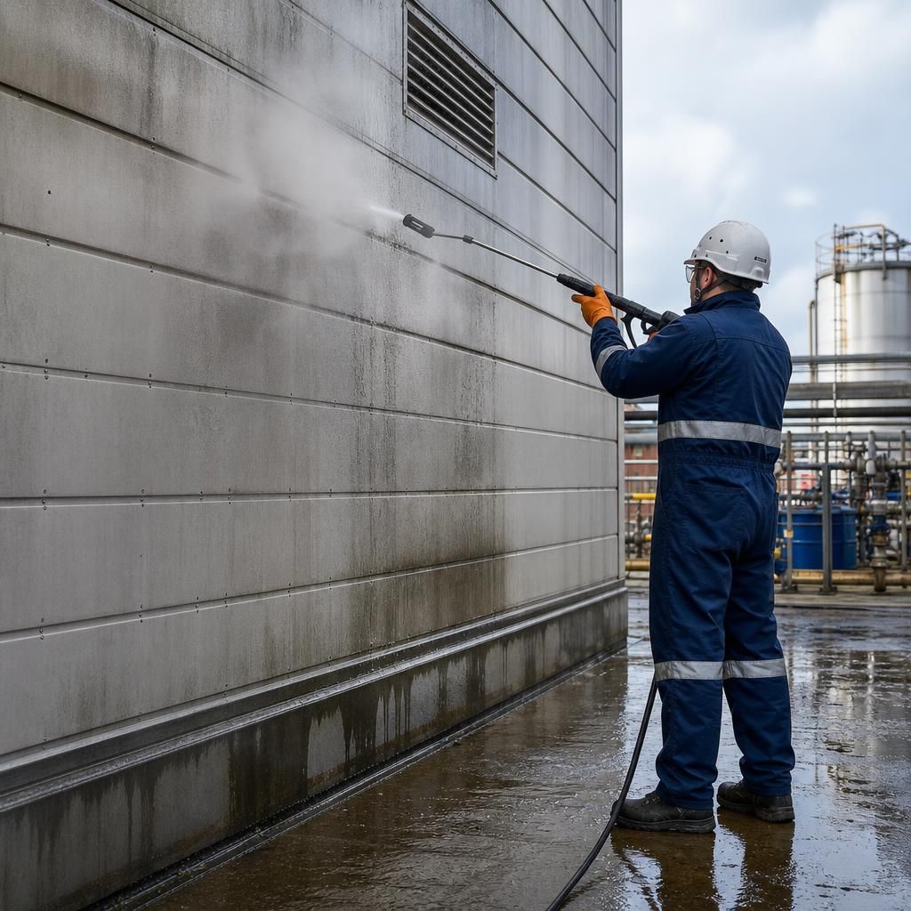 Steam cleaning a building facade