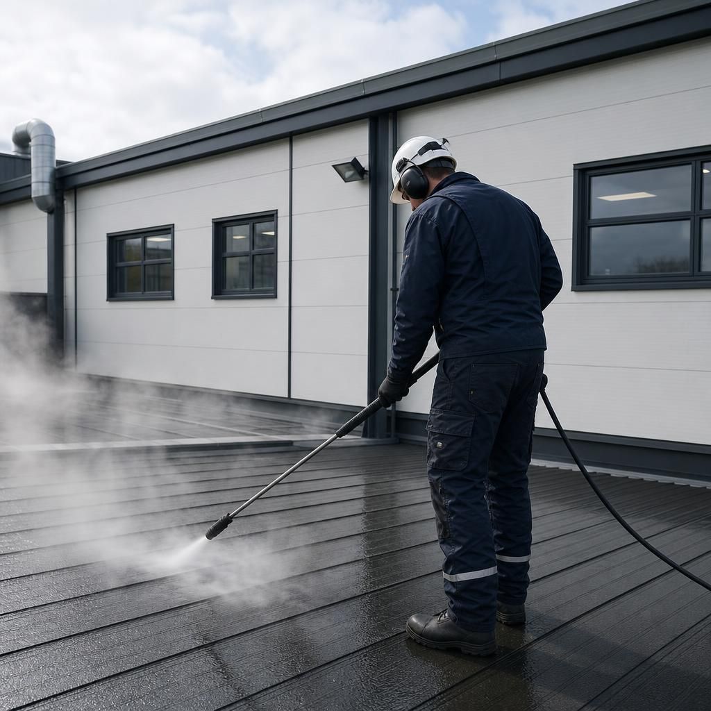 Building exterior maintenance through steam cleaning