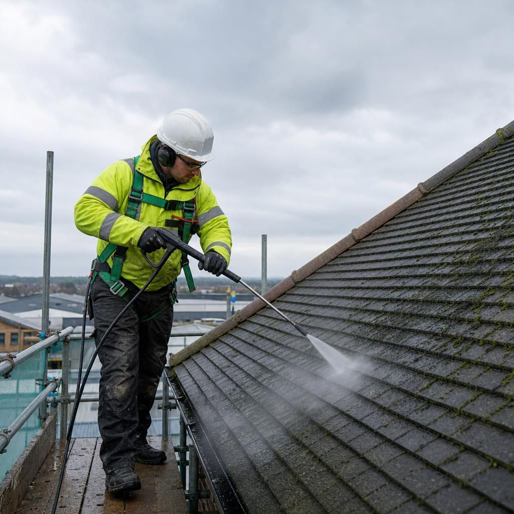 Professional roof cleaning in progress