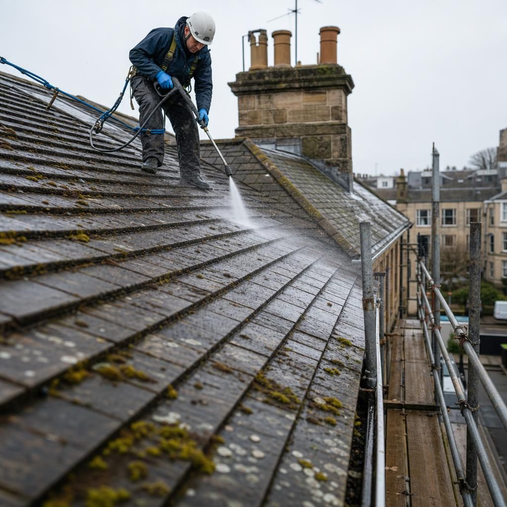 Stone facade being steam cleaned