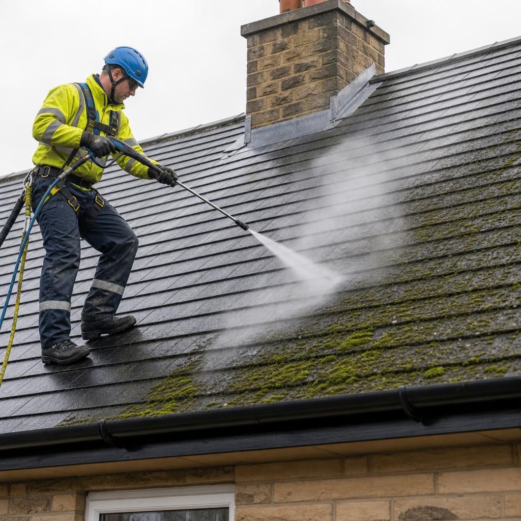 Technician performing gutter cleaning